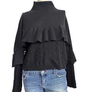 NAADAM black mock turtleneck ruffle cable knit sweater